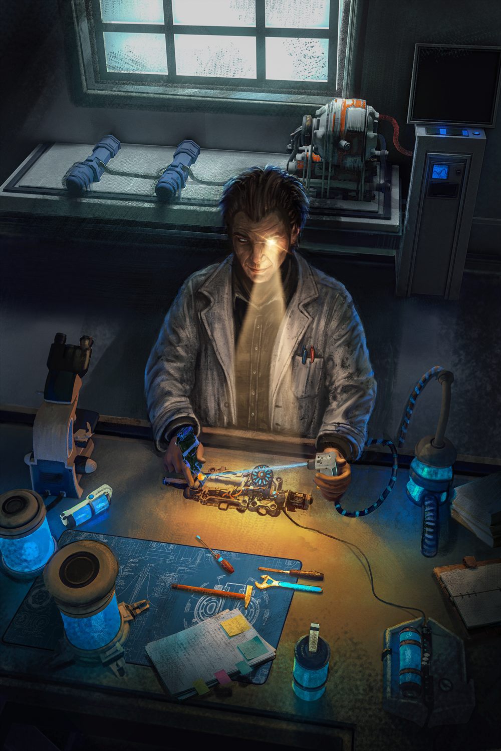 Doctor Absal bent over a lab bench under a hooded lamp, hands on a half-built mechanism, glowing canisters and schematics crowding the table.