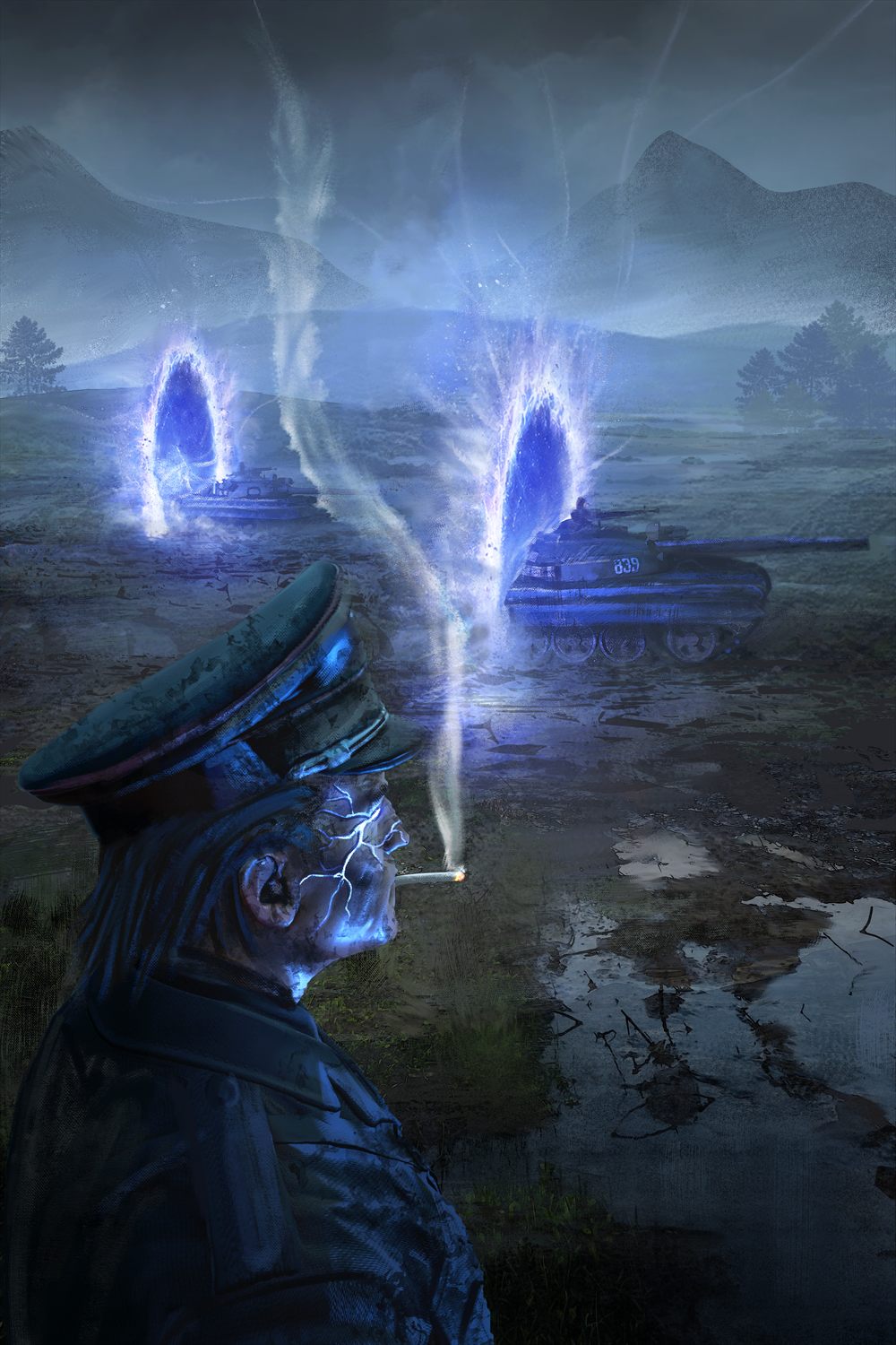 An officer in a peaked cap, one side of the face crawling with blue lightning, smoking on a wet moor while tanks roll out of two glowing rifts behind.