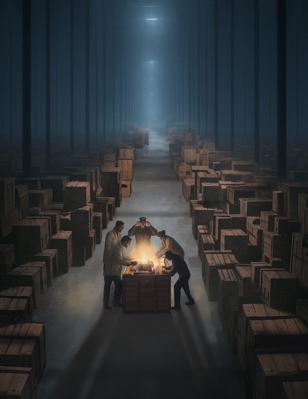 A vast dim warehouse stacked to the ceiling with wooden crates, a single lamp hanging over the aisle. Four people in coats have prised one crate open and something inside is burning bright gold in their faces. Behind them an officer in a peaked cap stands watching, hands raised.